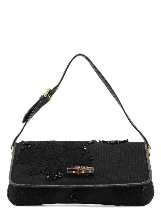 123247 Black Canvas Lizard Bamboo Shoulder Bag