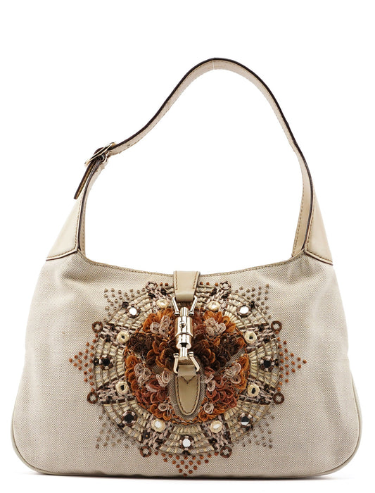 140040 Beige Canvas Sequin Jackie Shoulder Bag