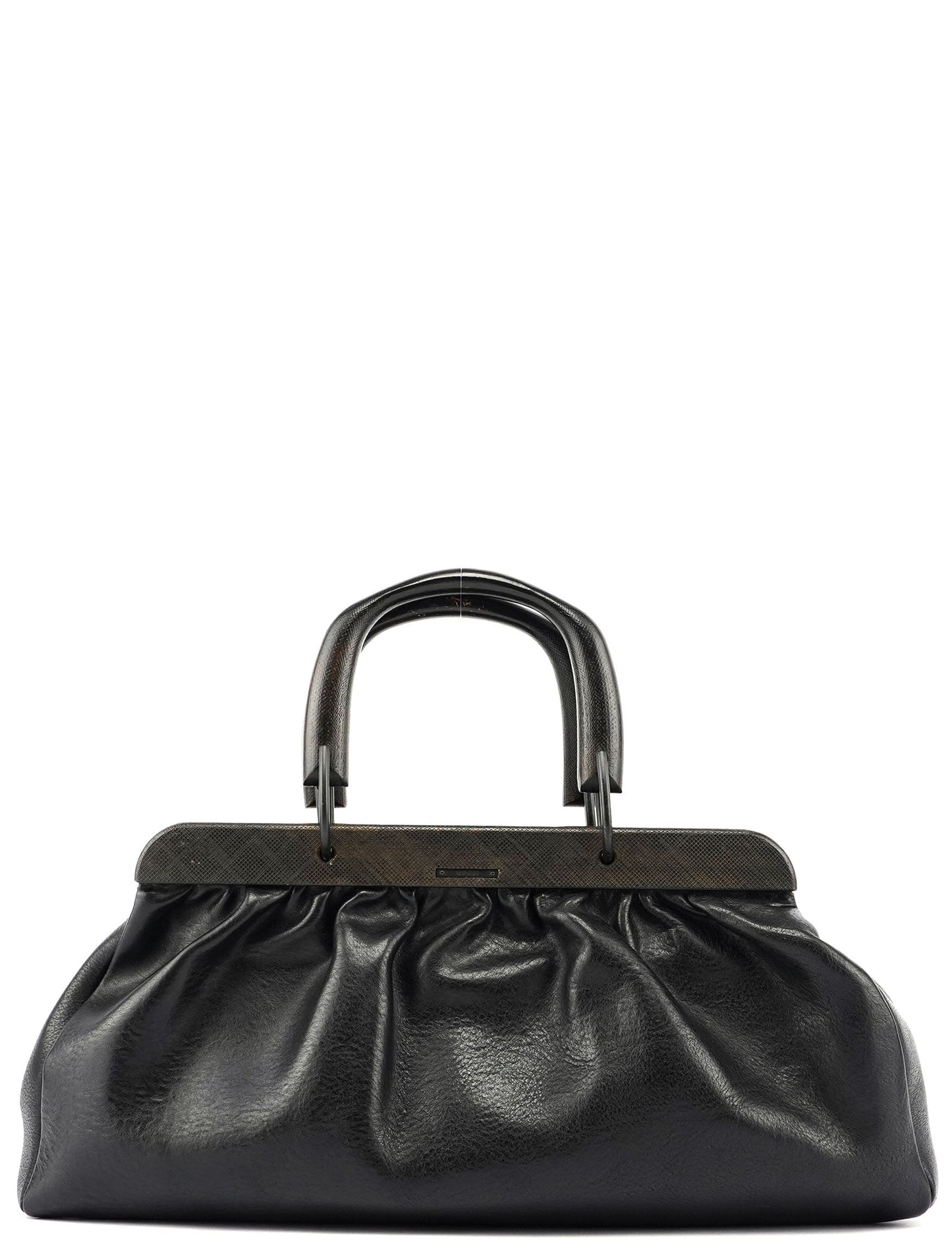 2002 Black Leather Runway Wood Handle Bag