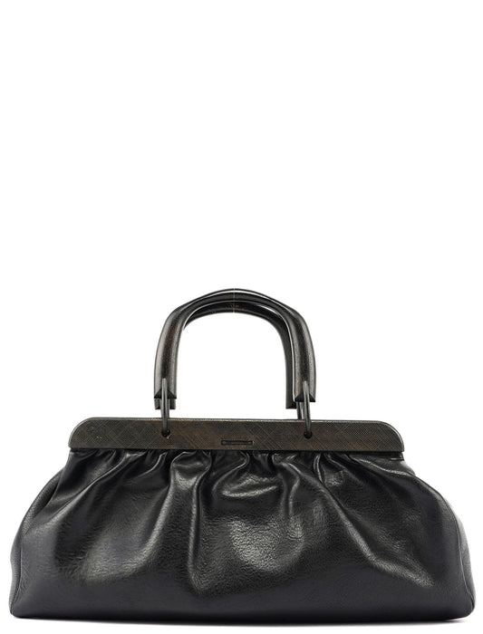 2002 Black Leather Runway Wood Handle Bag