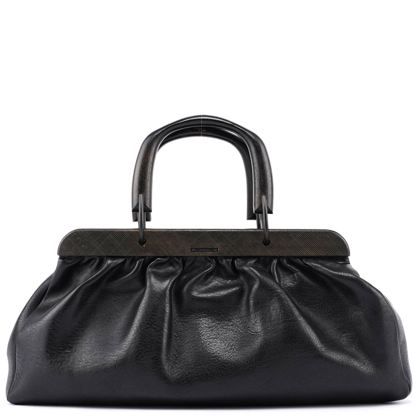 2002 Black Leather Runway Wood Handle Bag