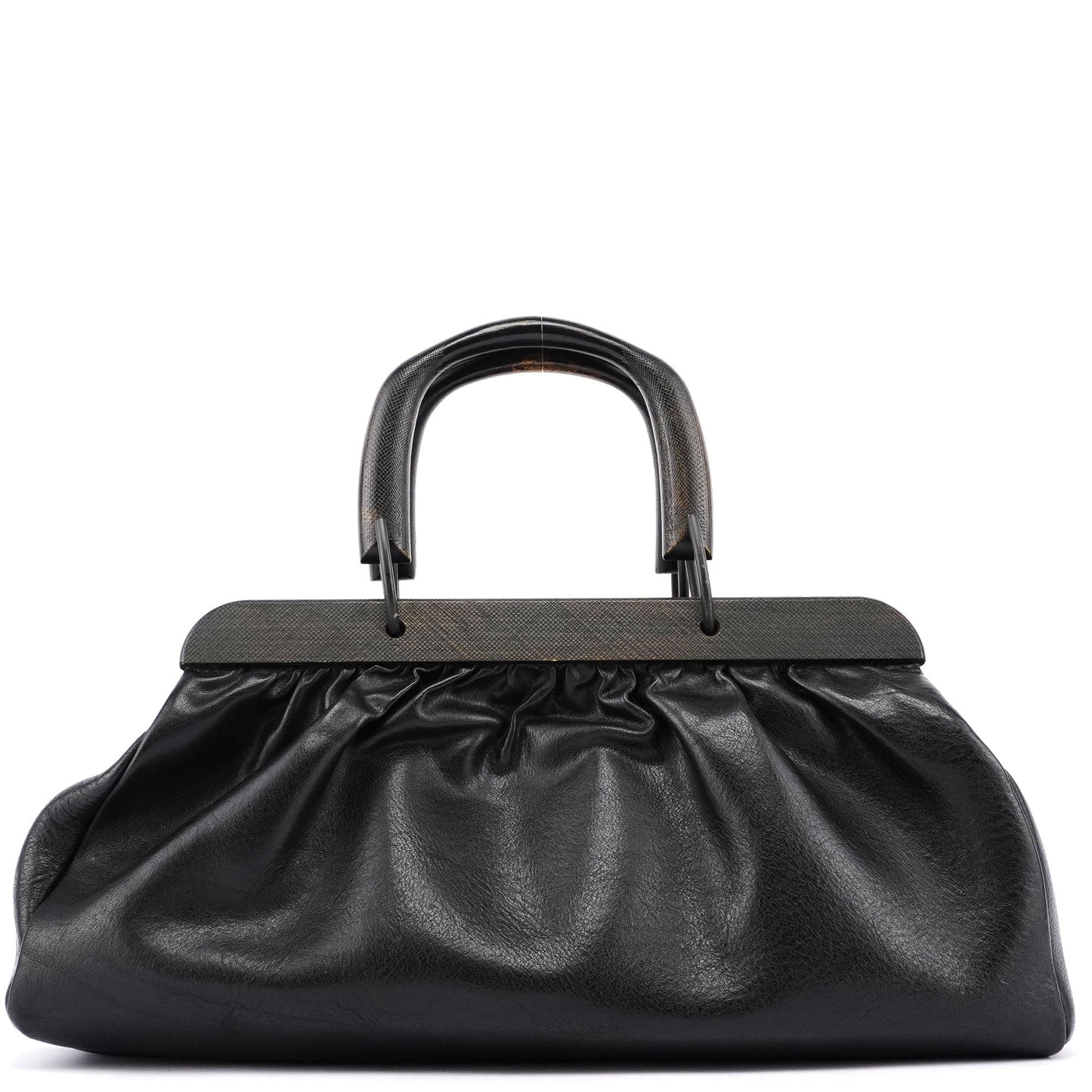 2002 Black Leather Runway Wood Handle Bag