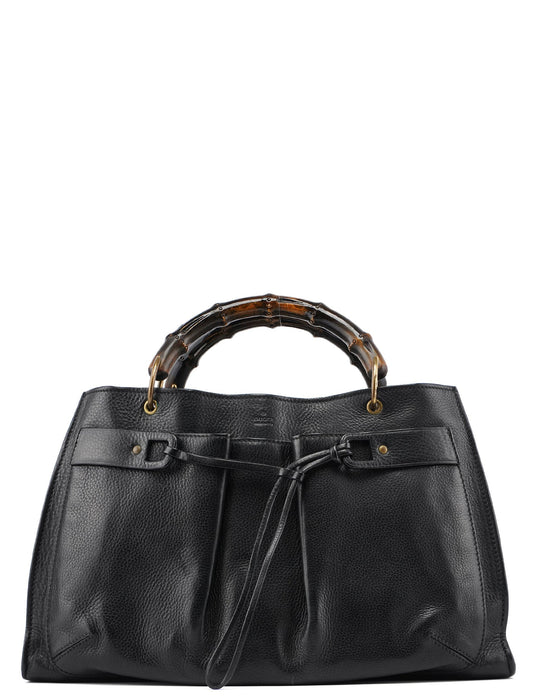 2003 Black Leather Bamboo Top Handle Bag
