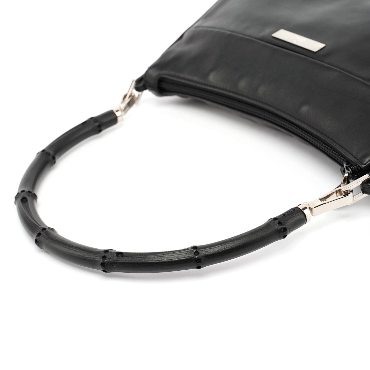 4870. Black Leather Bamboo Hobo Bag