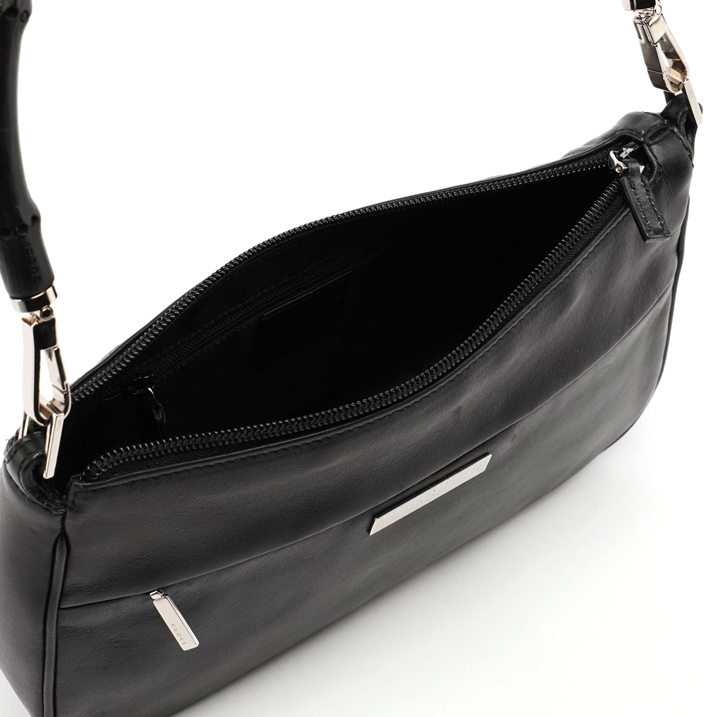 4870. Black Leather Bamboo Hobo Bag