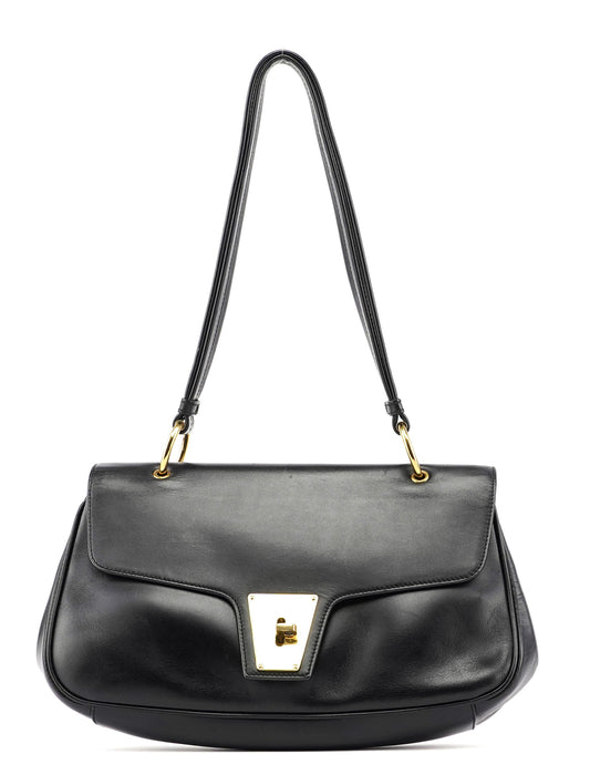 90643 Black Calfskin Buckle Shoulder Bag
