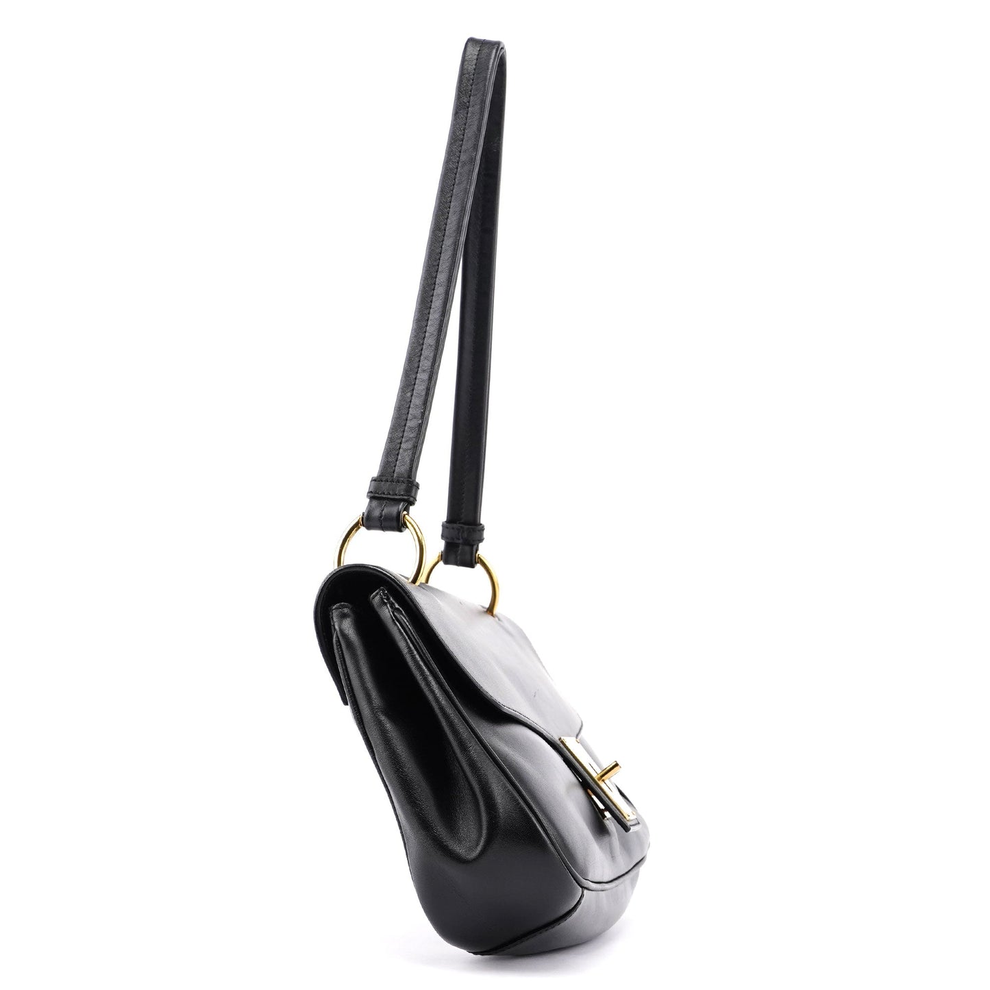 90643 Black Calfskin Buckle Shoulder Bag