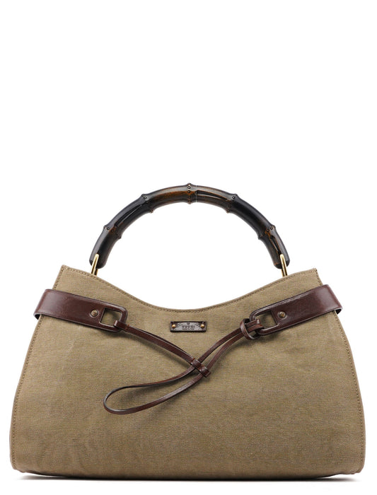 Beige Canvas Bamboo Top Handle Bag