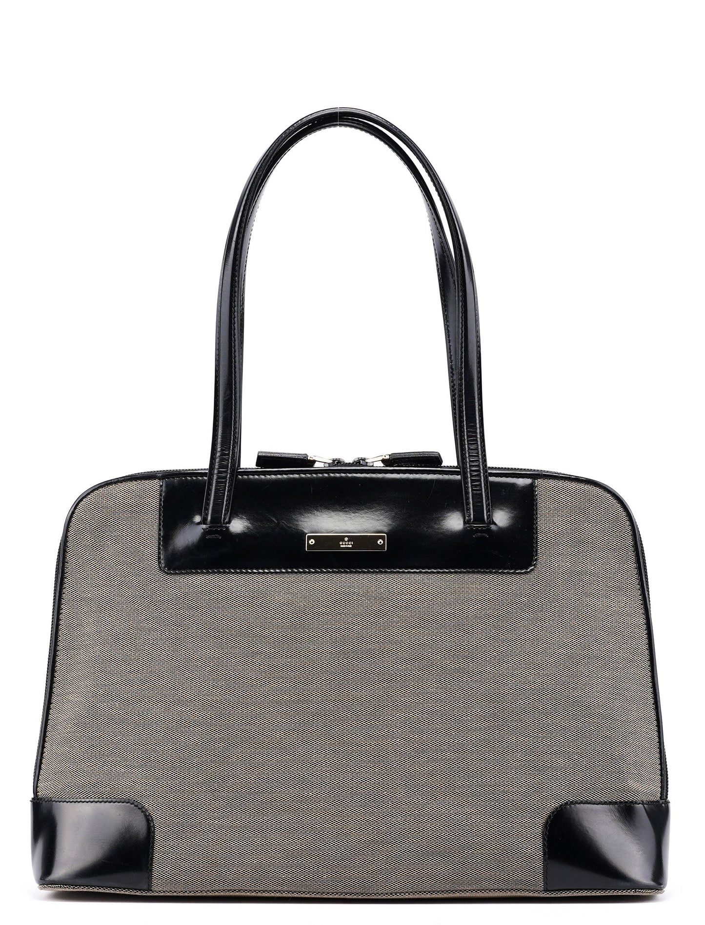 Beige Canvas Patent Leather Tote Bag