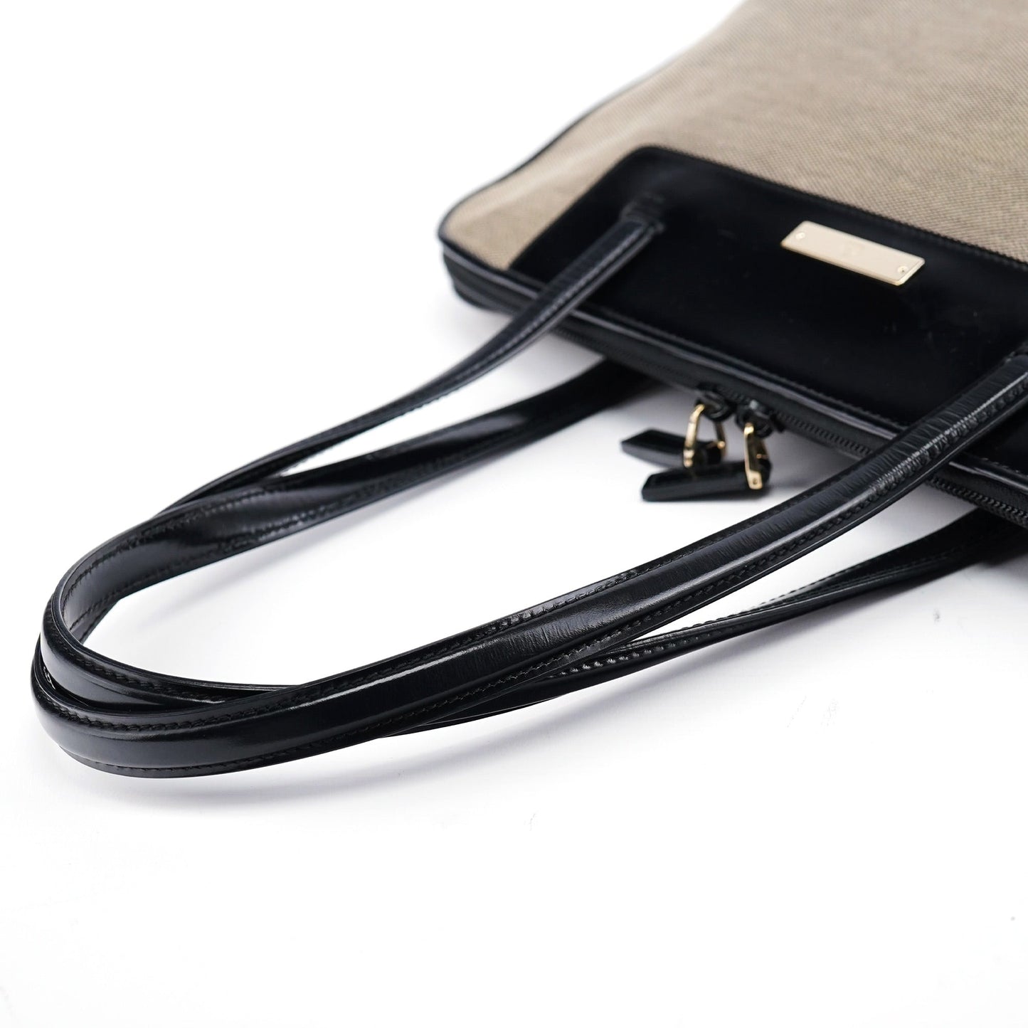 Beige Canvas Patent Leather Tote Bag