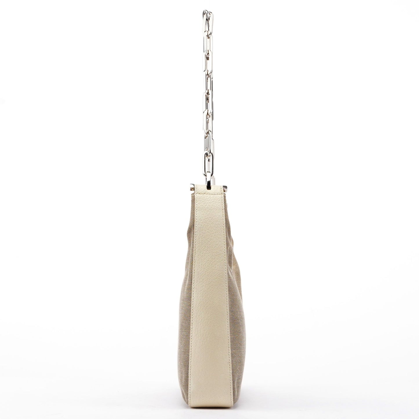 Beige Canvas Silver Chain Shoulder Bag