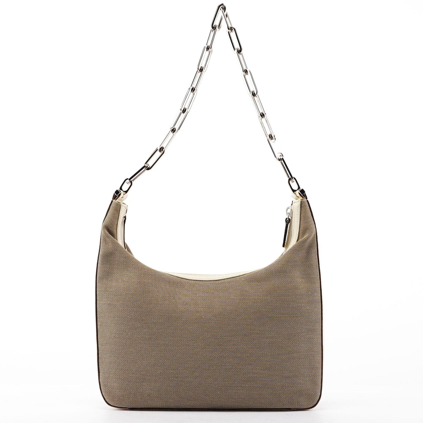 Beige Canvas Silver Chain Shoulder Bag