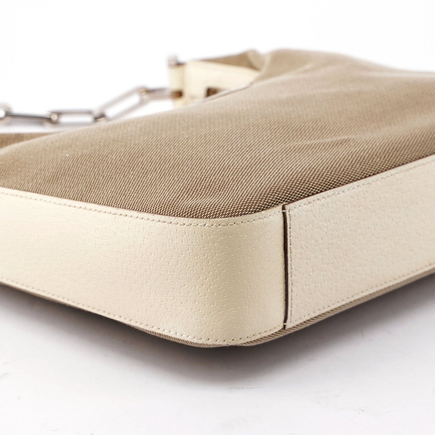 Beige Canvas Silver Chain Shoulder Bag