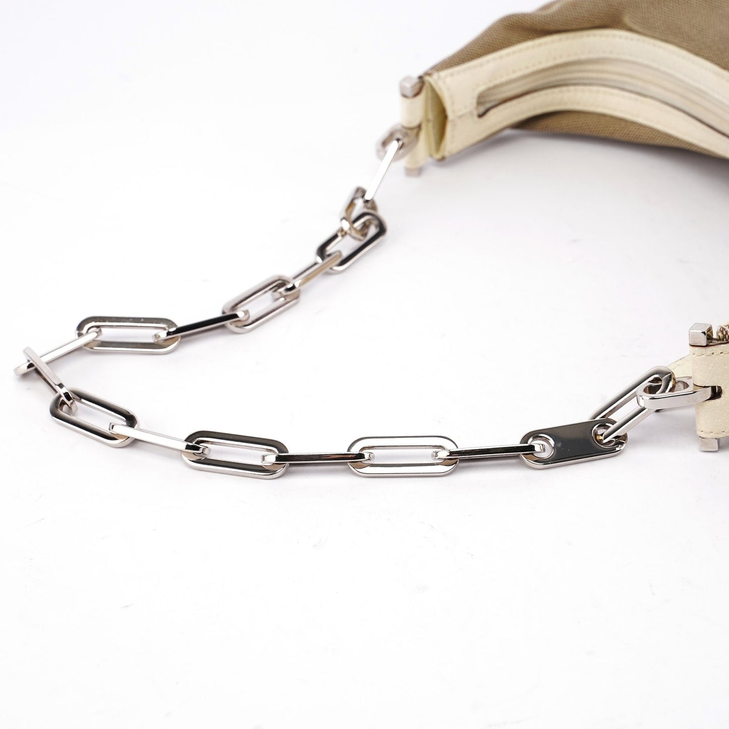 Beige Canvas Silver Chain Shoulder Bag