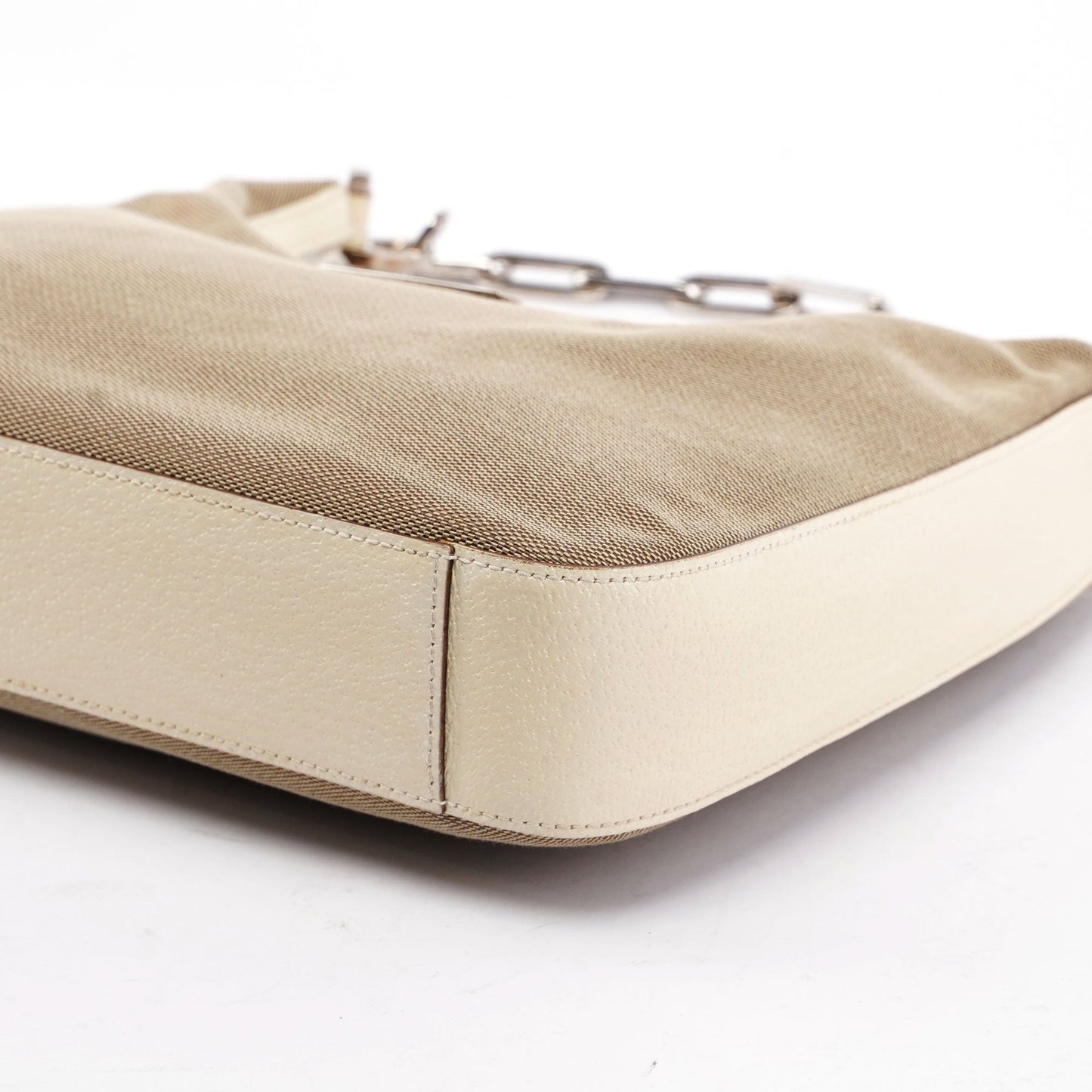Beige Canvas Silver Chain Shoulder Bag