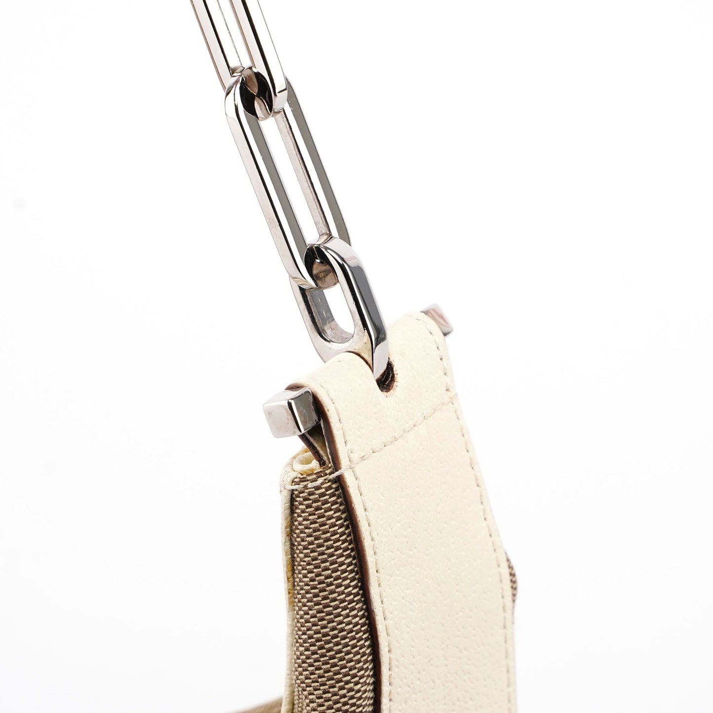 Beige Canvas Silver Chain Shoulder Bag