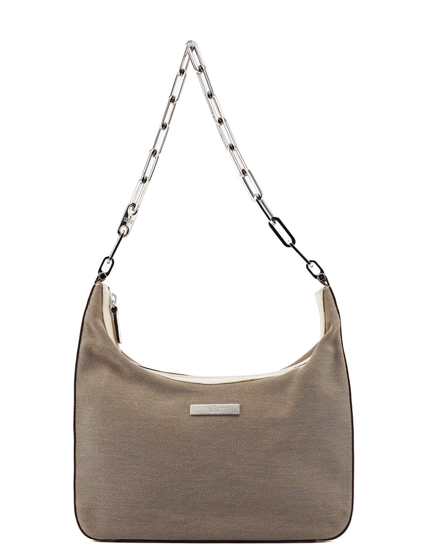 Beige Canvas Silver Chain Shoulder Bag