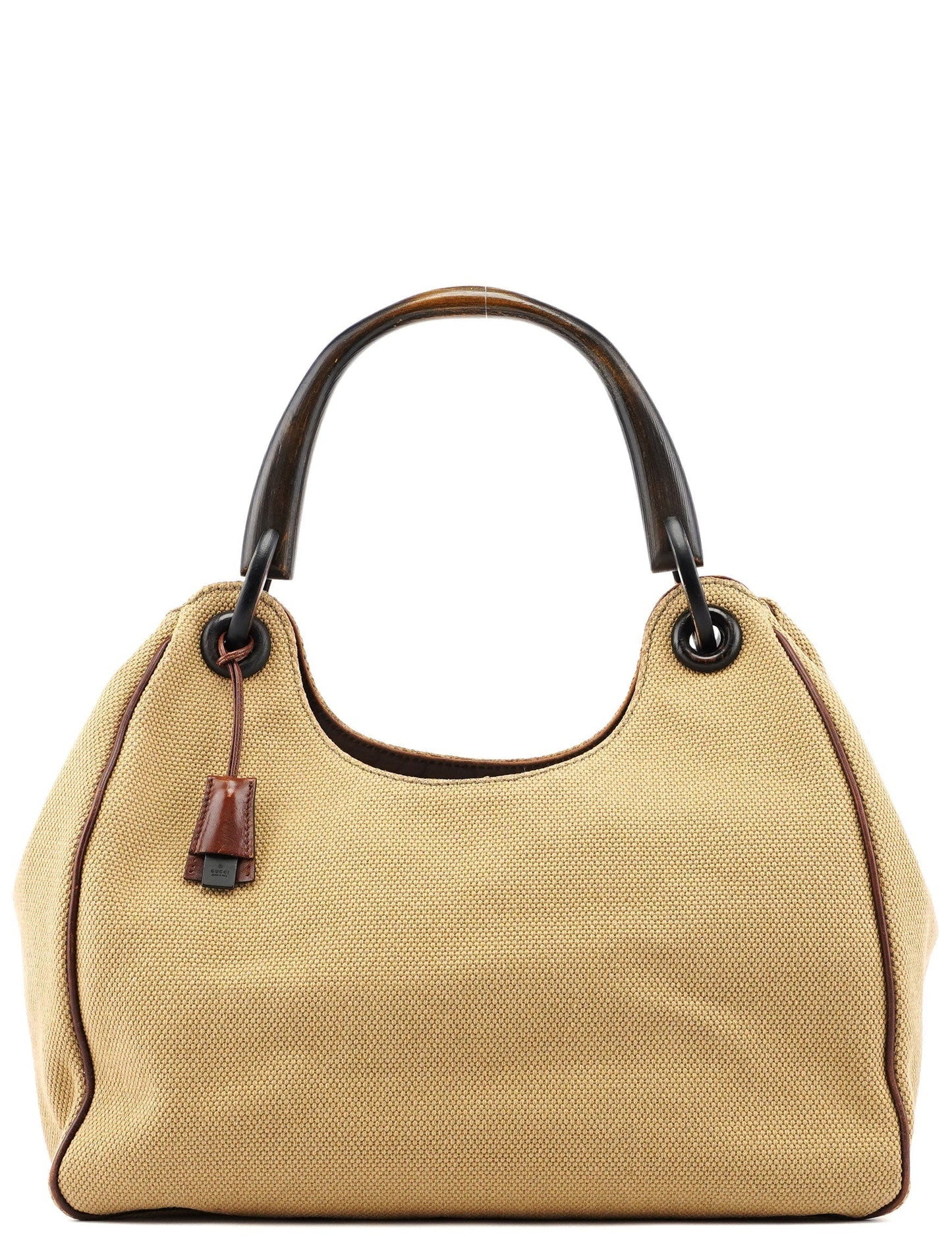 Beige Canvas Wood Handle Shoulder Bag