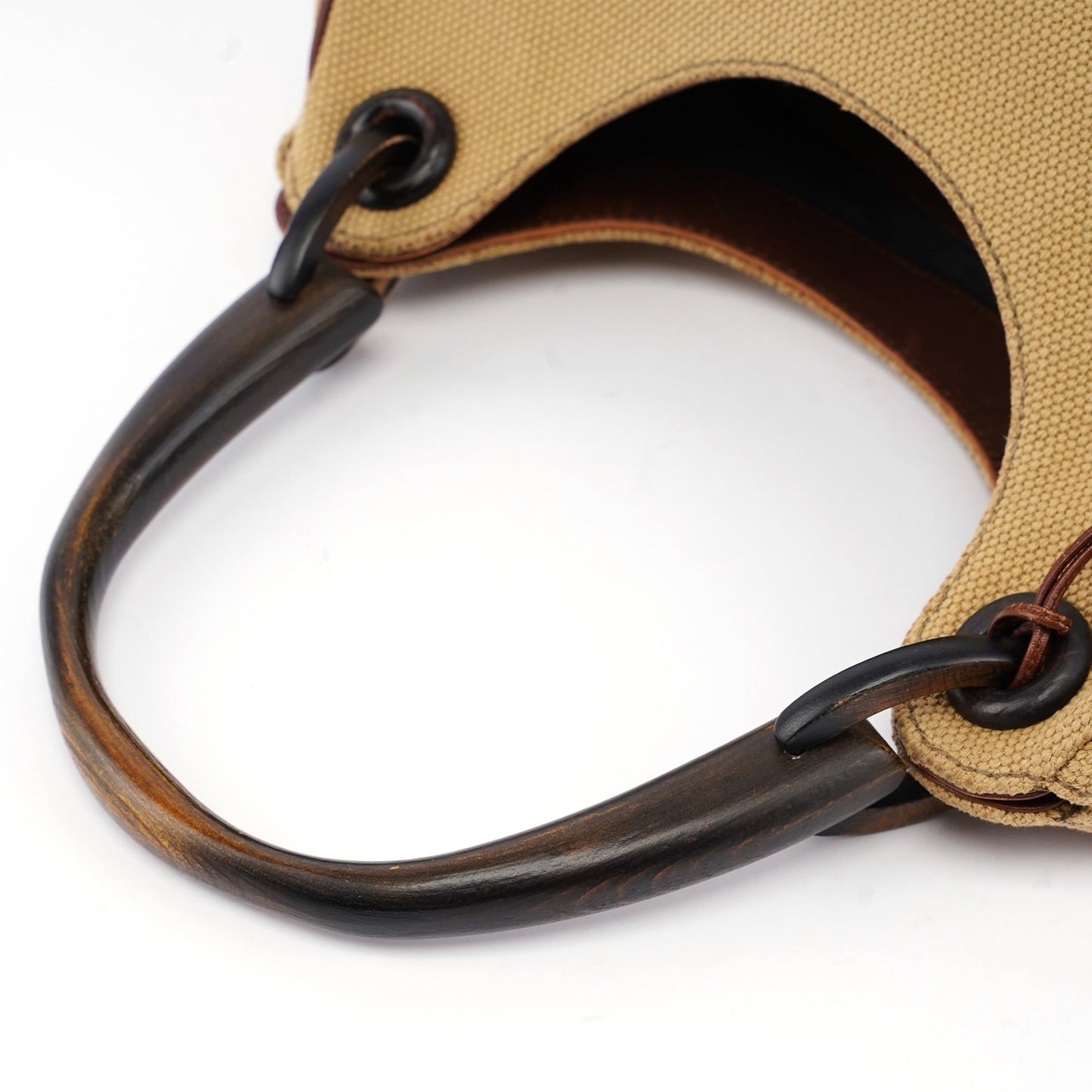 Beige Canvas Wood Handle Shoulder Bag