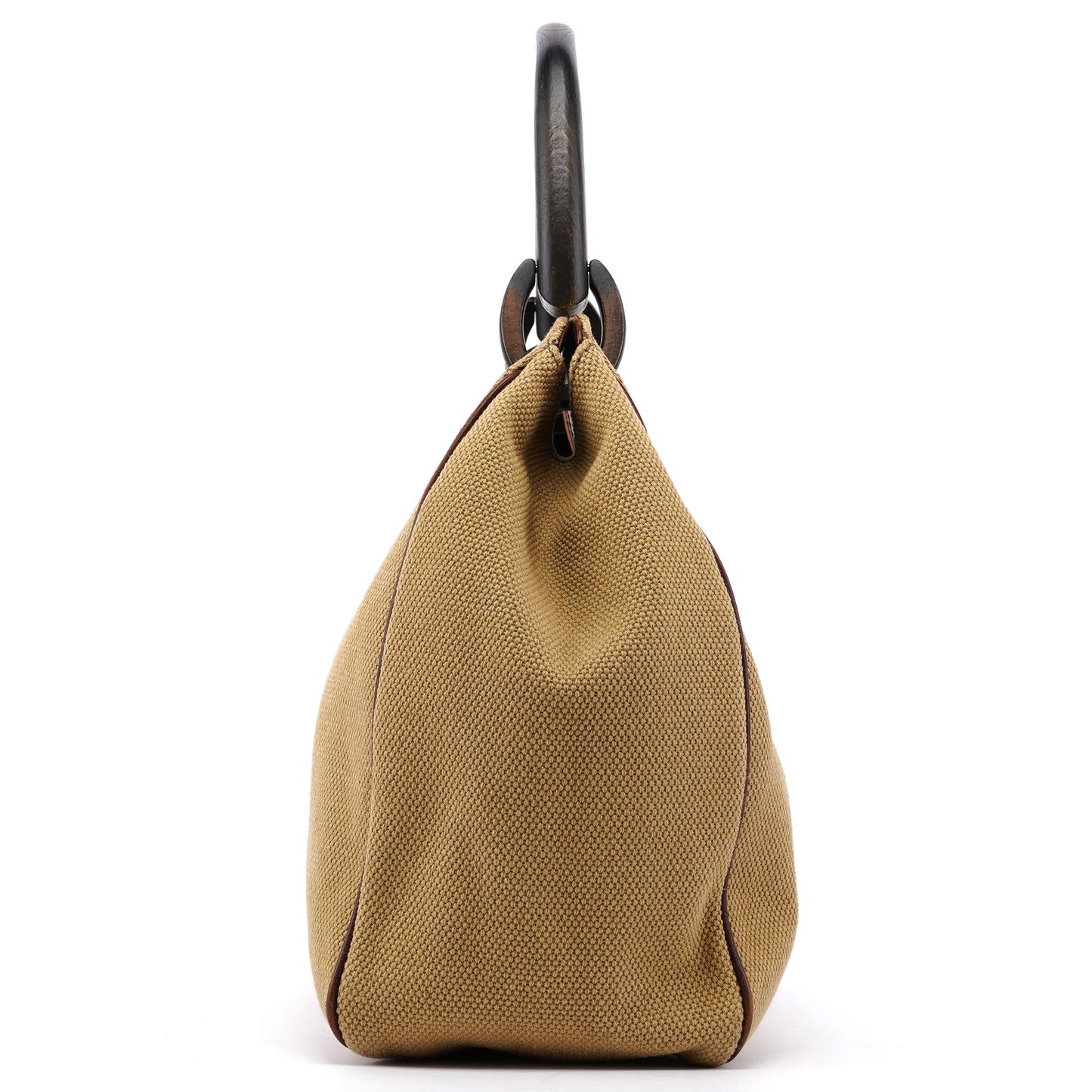 Beige Canvas Wood Handle Shoulder Bag