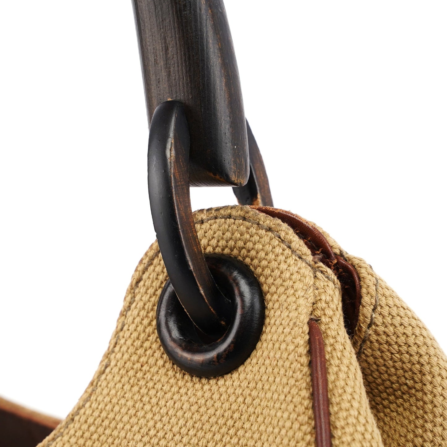Beige Canvas Wood Handle Shoulder Bag