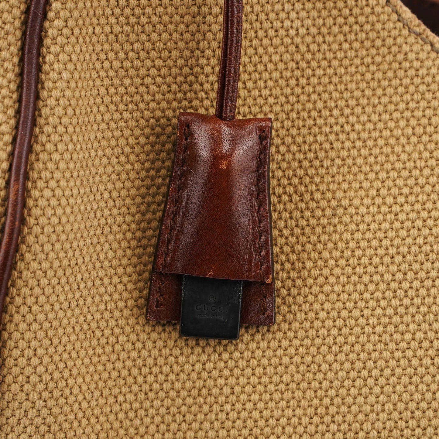 Beige Canvas Wood Handle Shoulder Bag