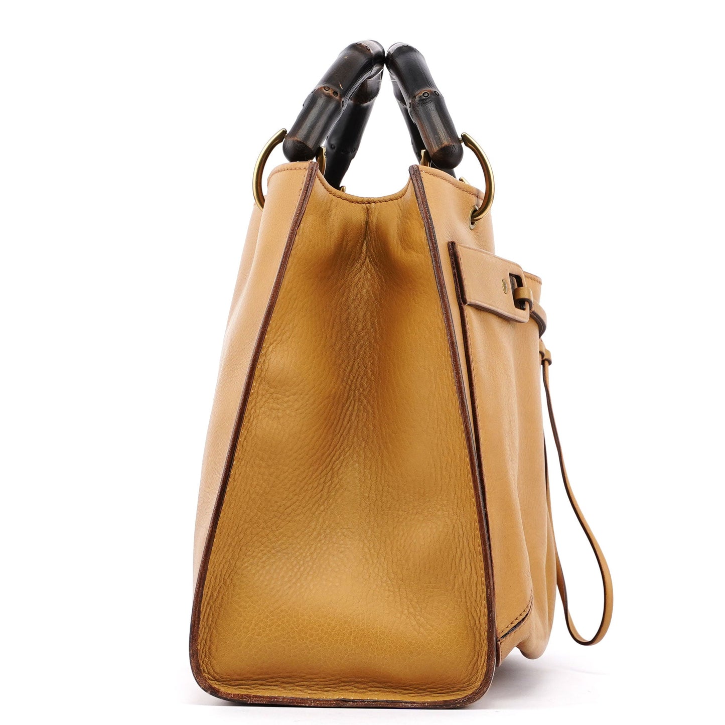 Beige Leather Dual Handle Bamboo Tote