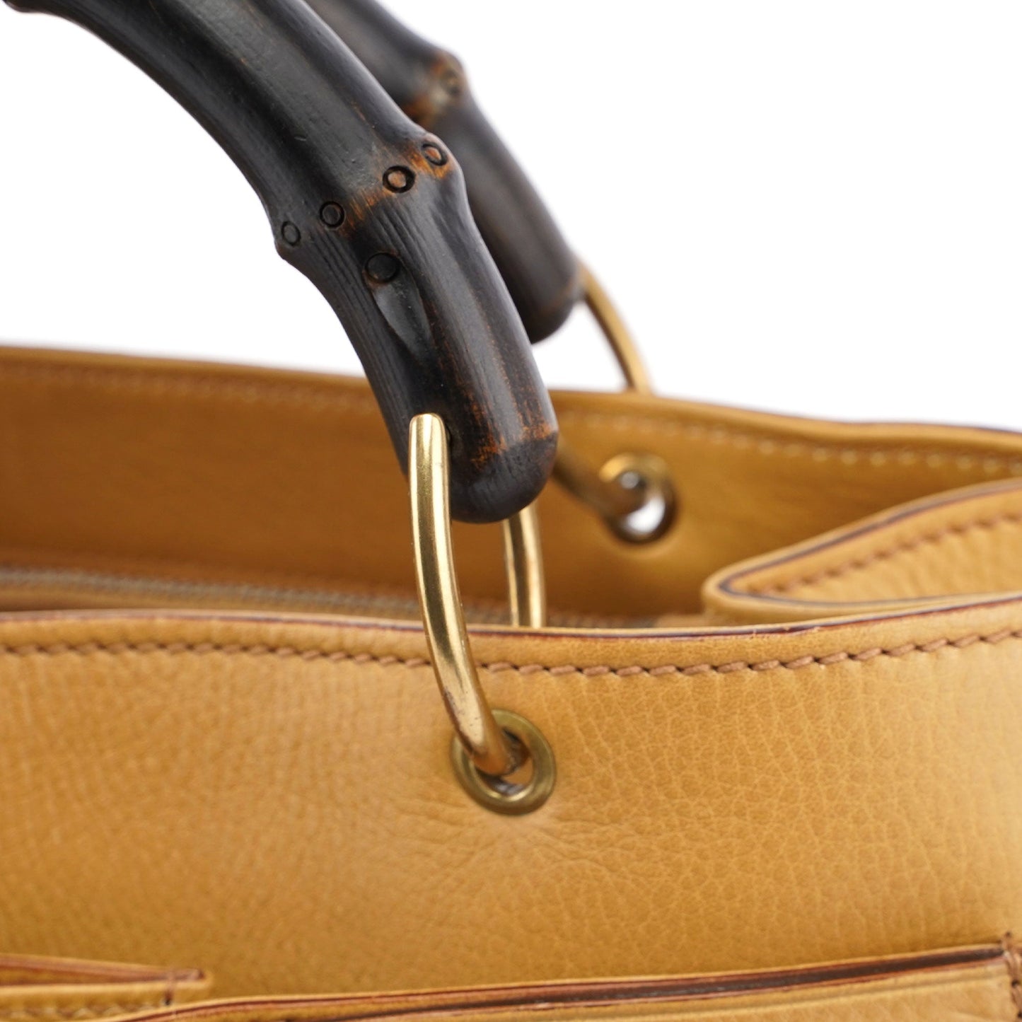 Beige Leather Dual Handle Bamboo Tote