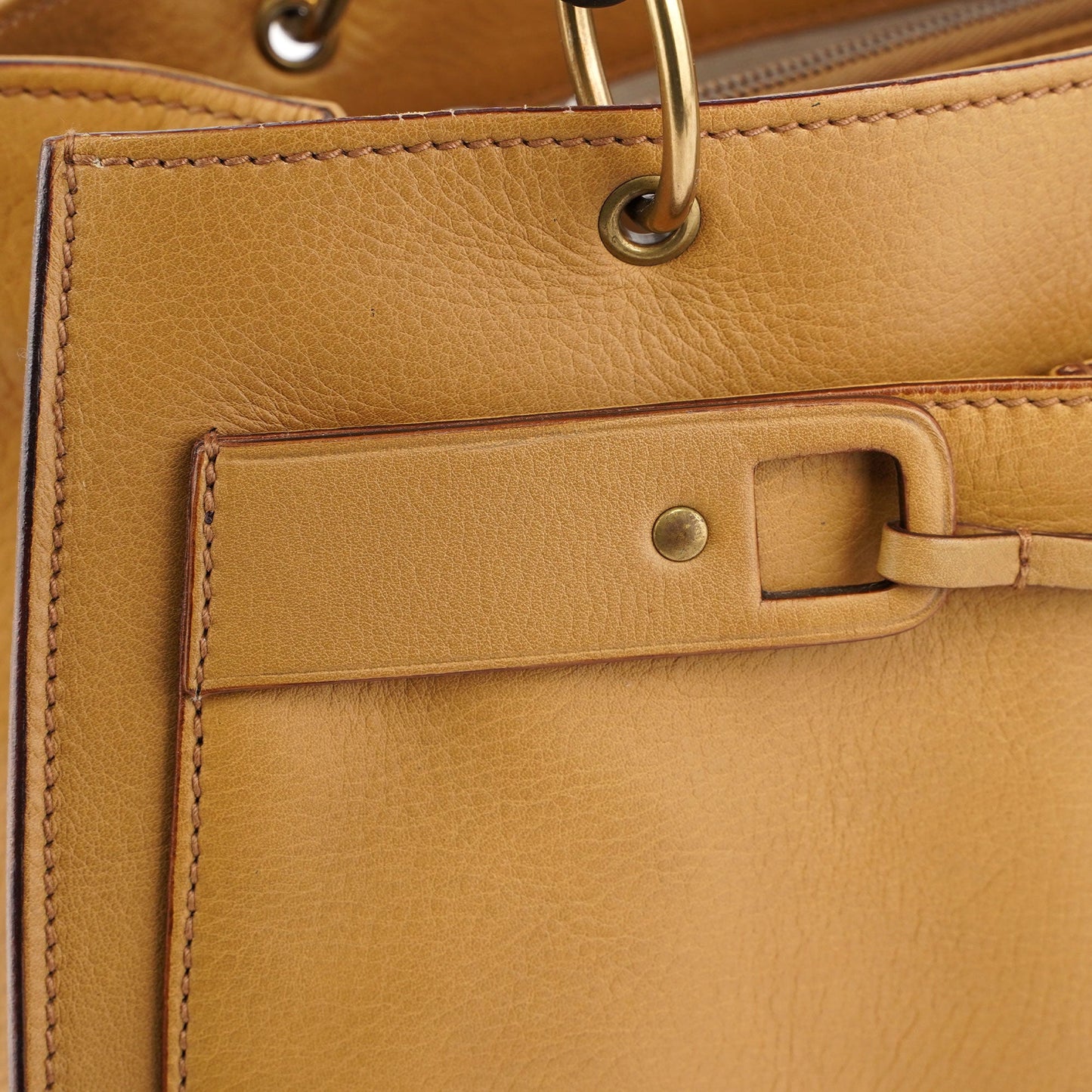 Beige Leather Dual Handle Bamboo Tote