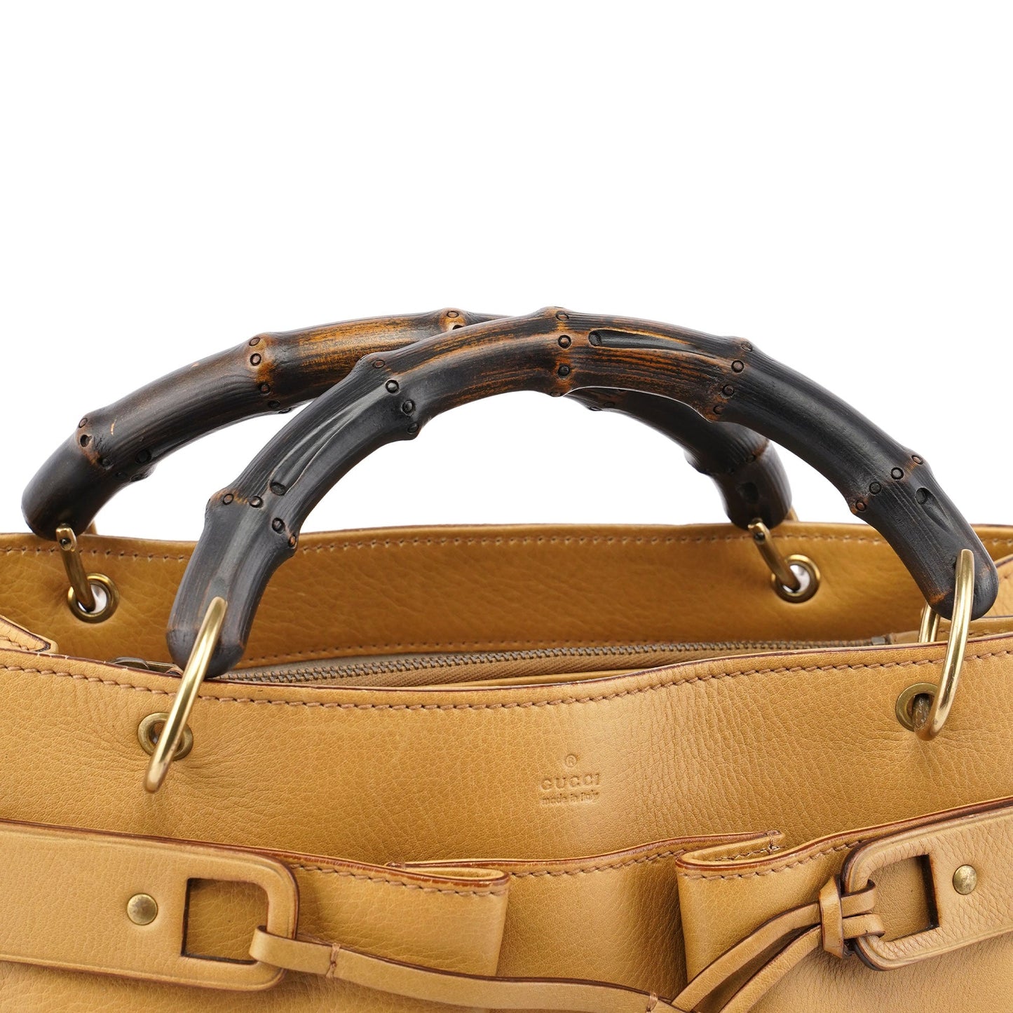 Beige Leather Dual Handle Bamboo Tote