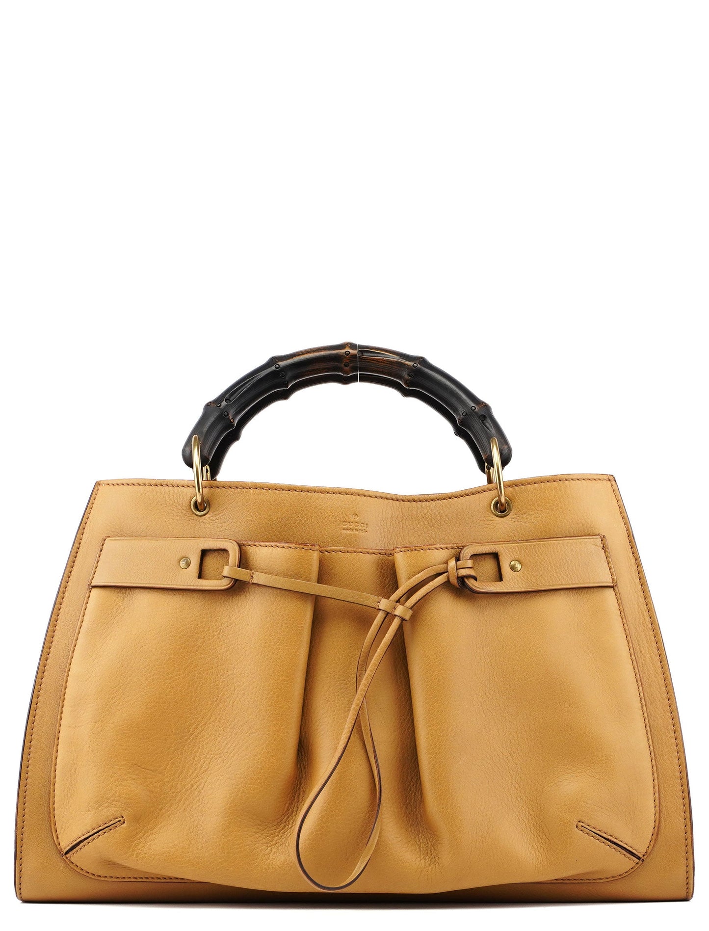 Beige Leather Dual Handle Bamboo Tote