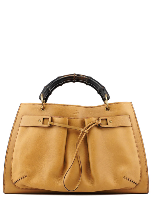 Beige Leather Dual Handle Bamboo Tote
