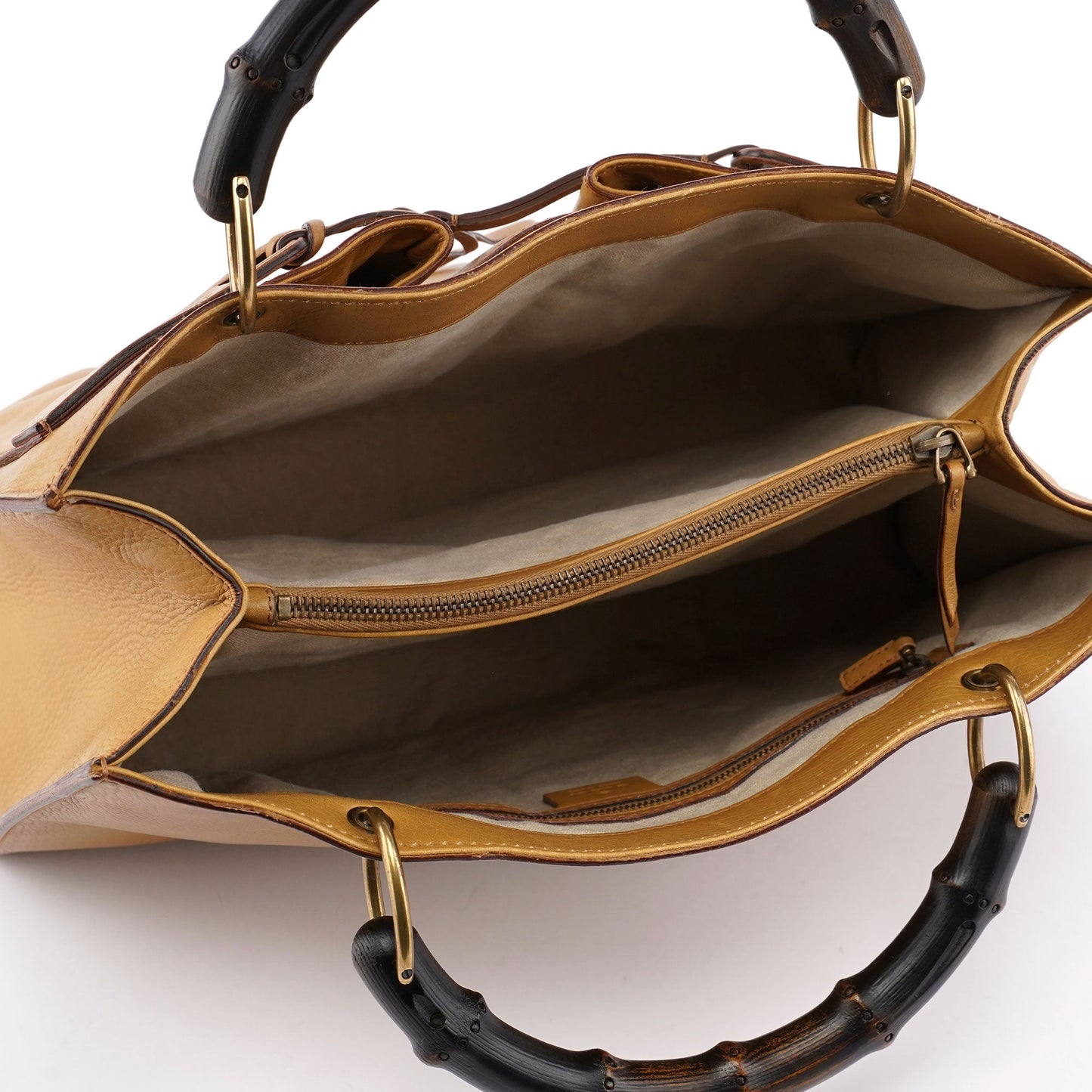 Beige Leather Dual Handle Bamboo Tote