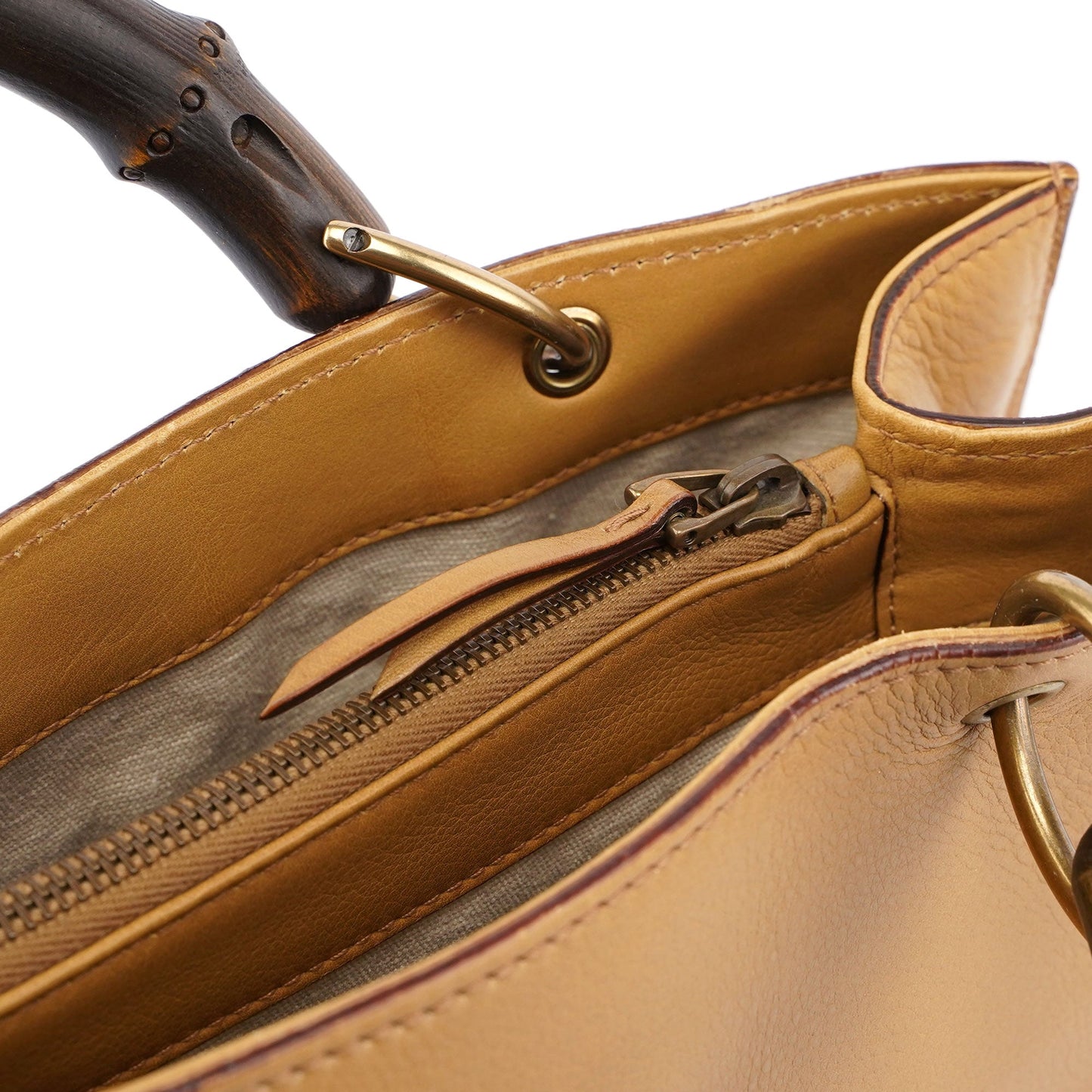 Beige Leather Dual Handle Bamboo Tote
