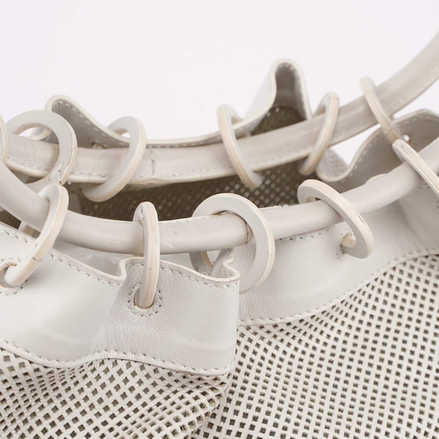 Beige Perforated Leather Drawstring Bag