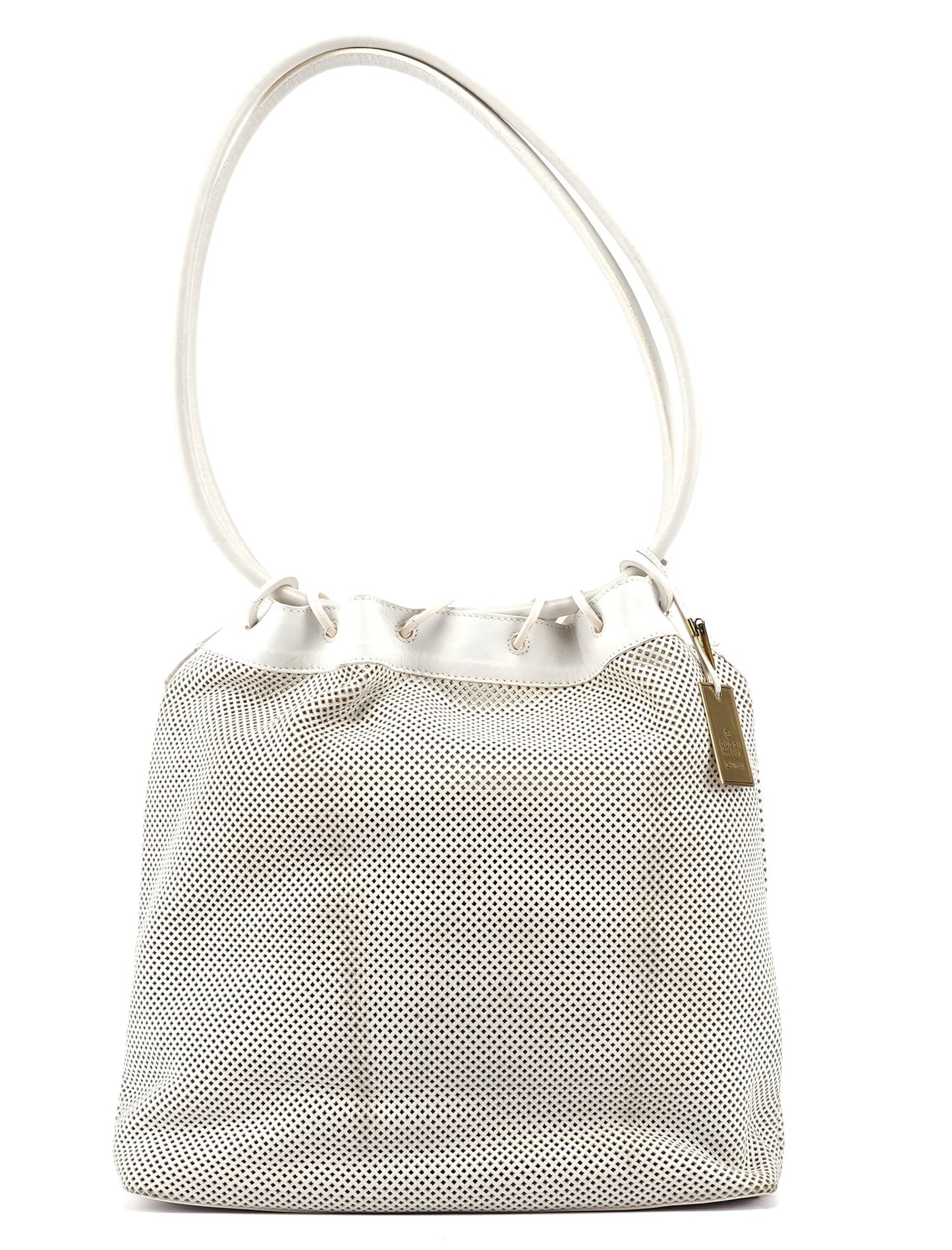 Beige Perforated Leather Drawstring Bag