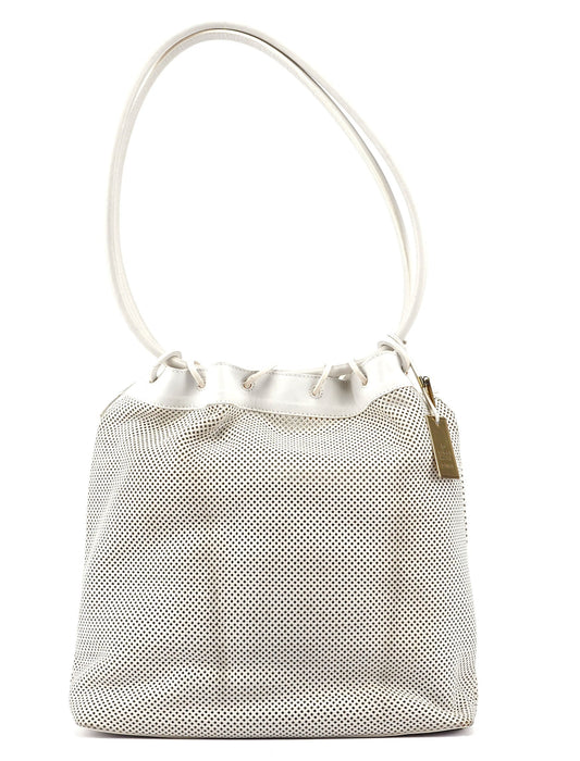 Beige Perforated Leather Drawstring Bag