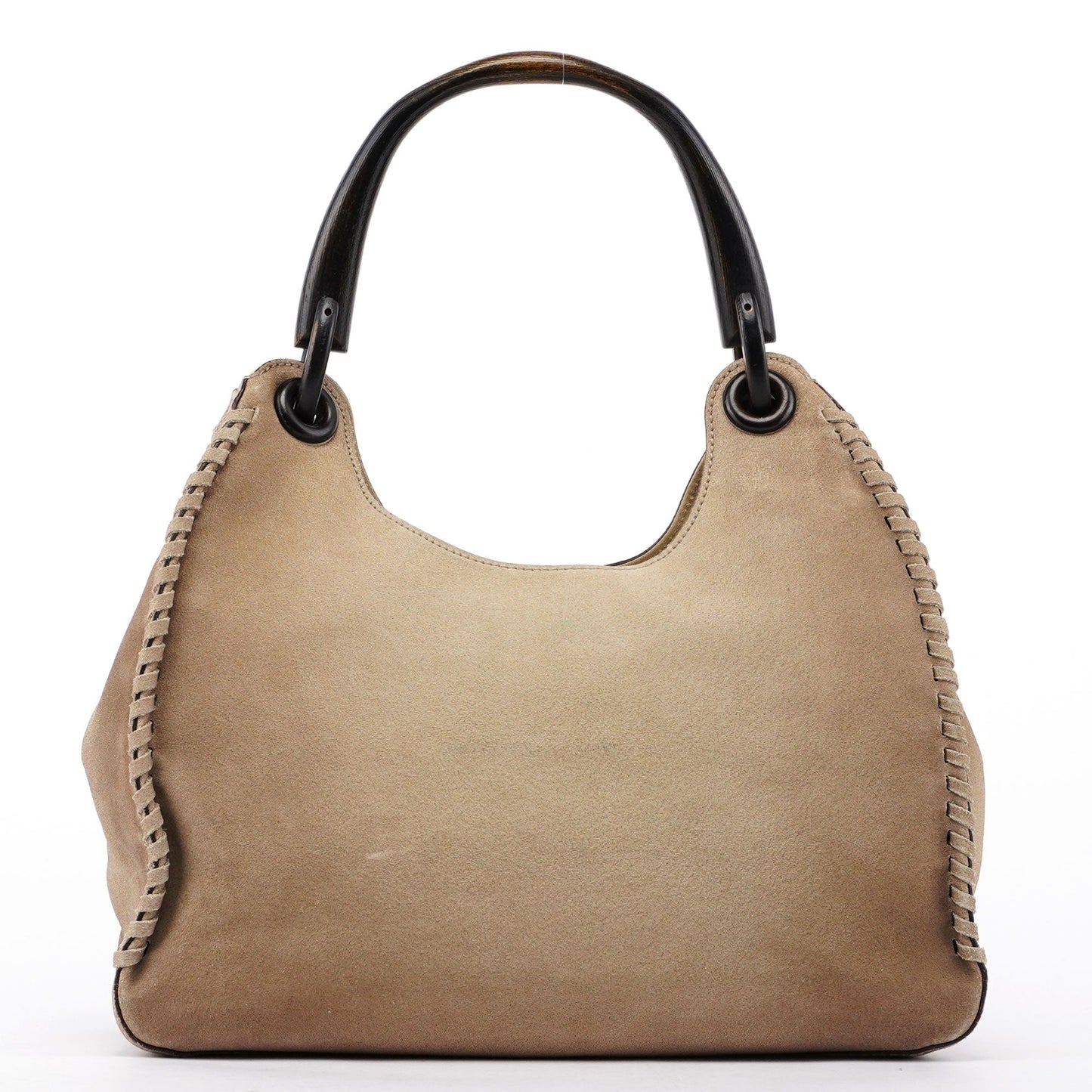 Beige Suede Wood Handle Shoulder Bag