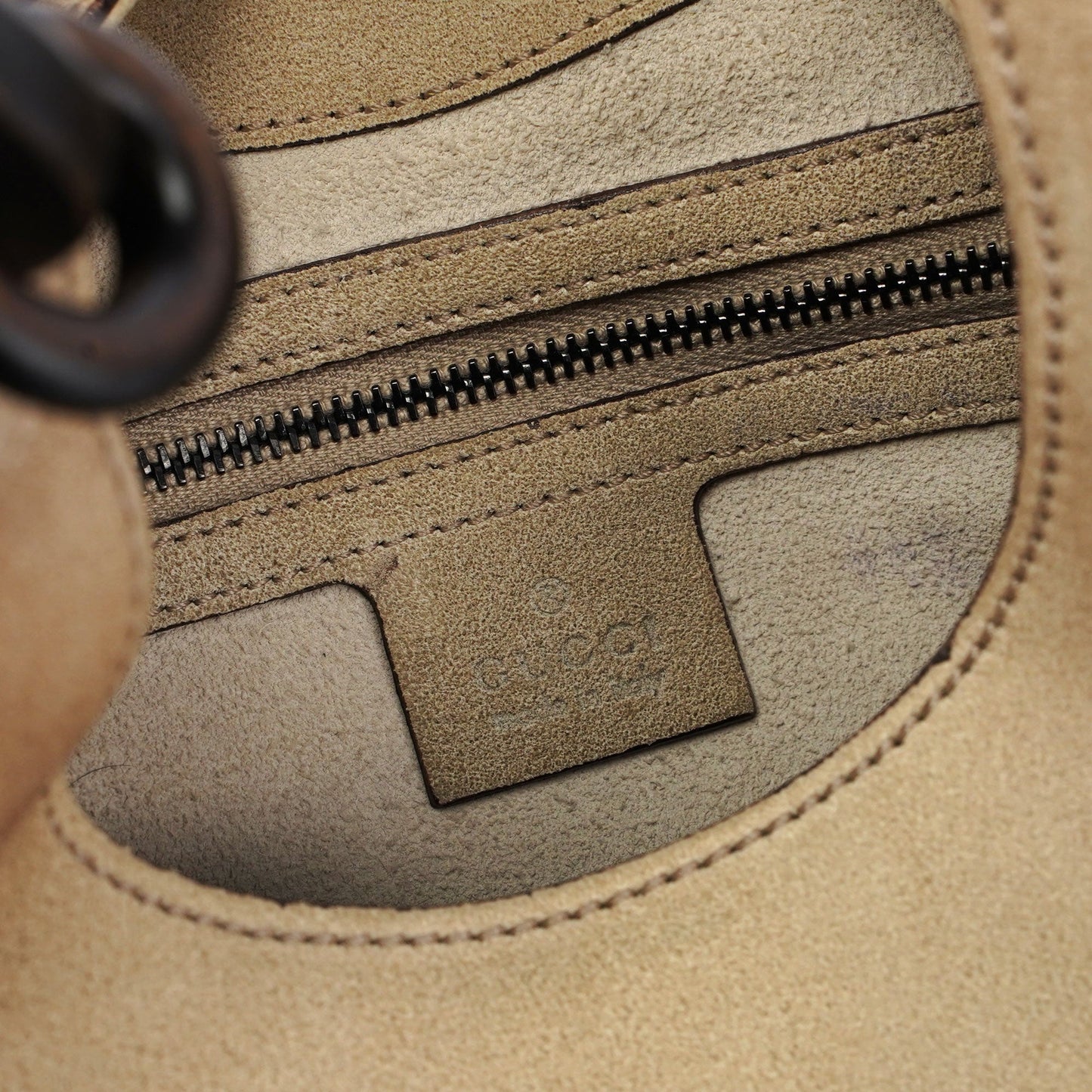 Beige Suede Wood Handle Shoulder Bag