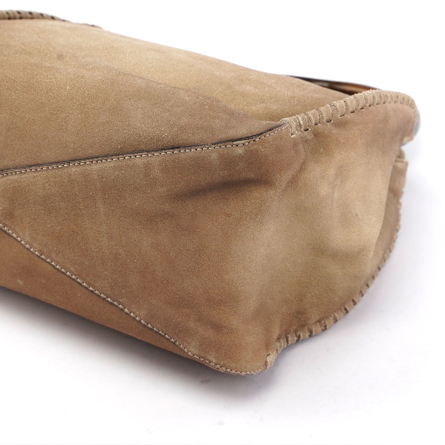 Beige Suede Wood Handle Shoulder Bag