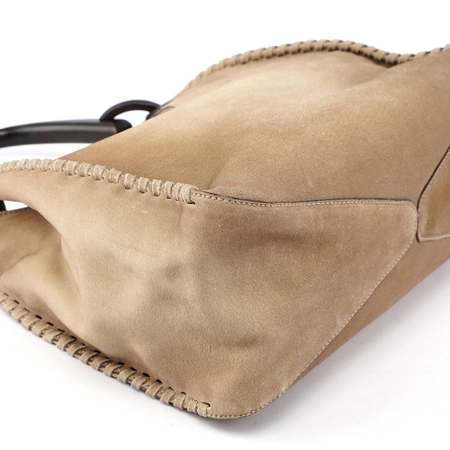 Beige Suede Wood Handle Shoulder Bag