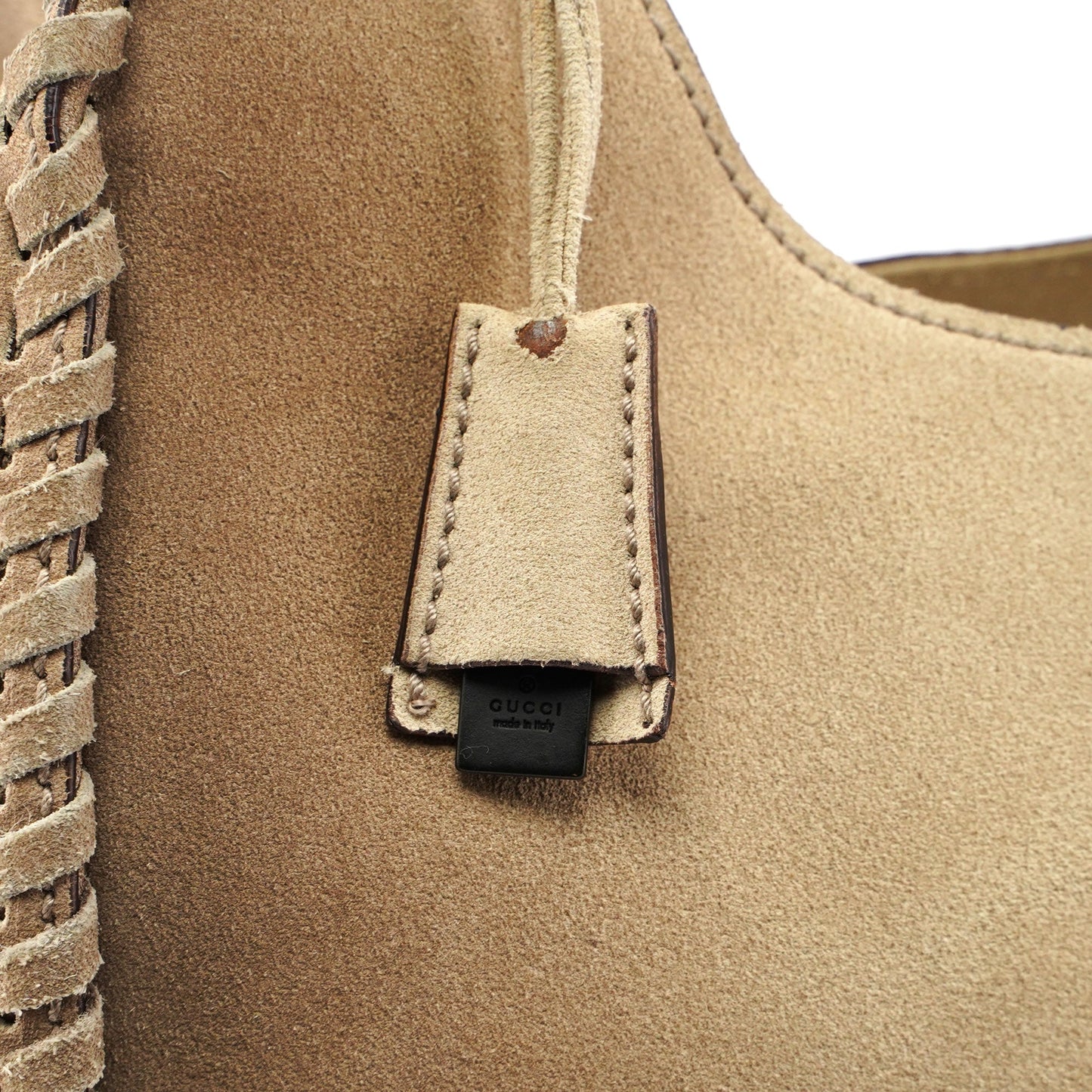 Beige Suede Wood Handle Shoulder Bag
