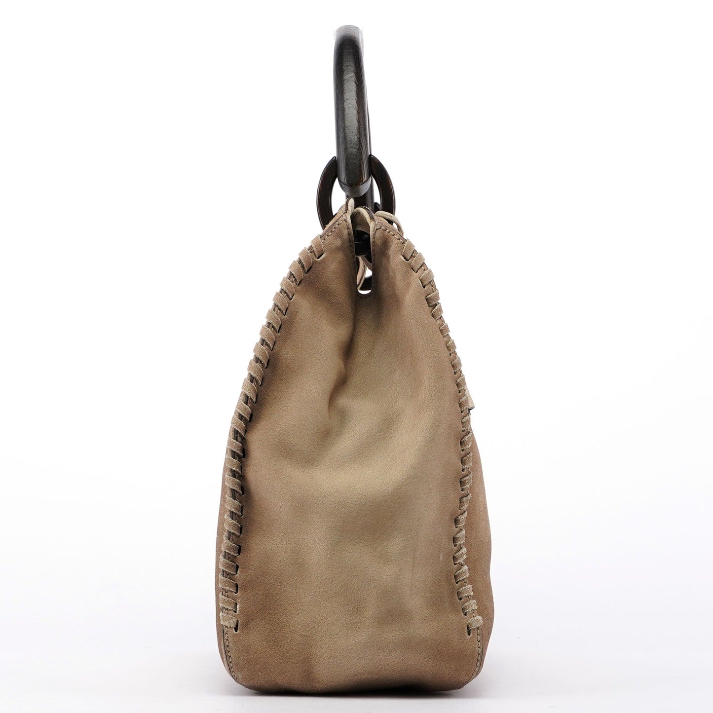Beige Suede Wood Handle Shoulder Bag