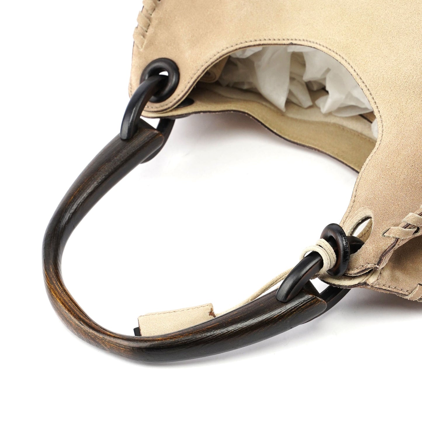 Beige Suede Wood Handle Shoulder Bag