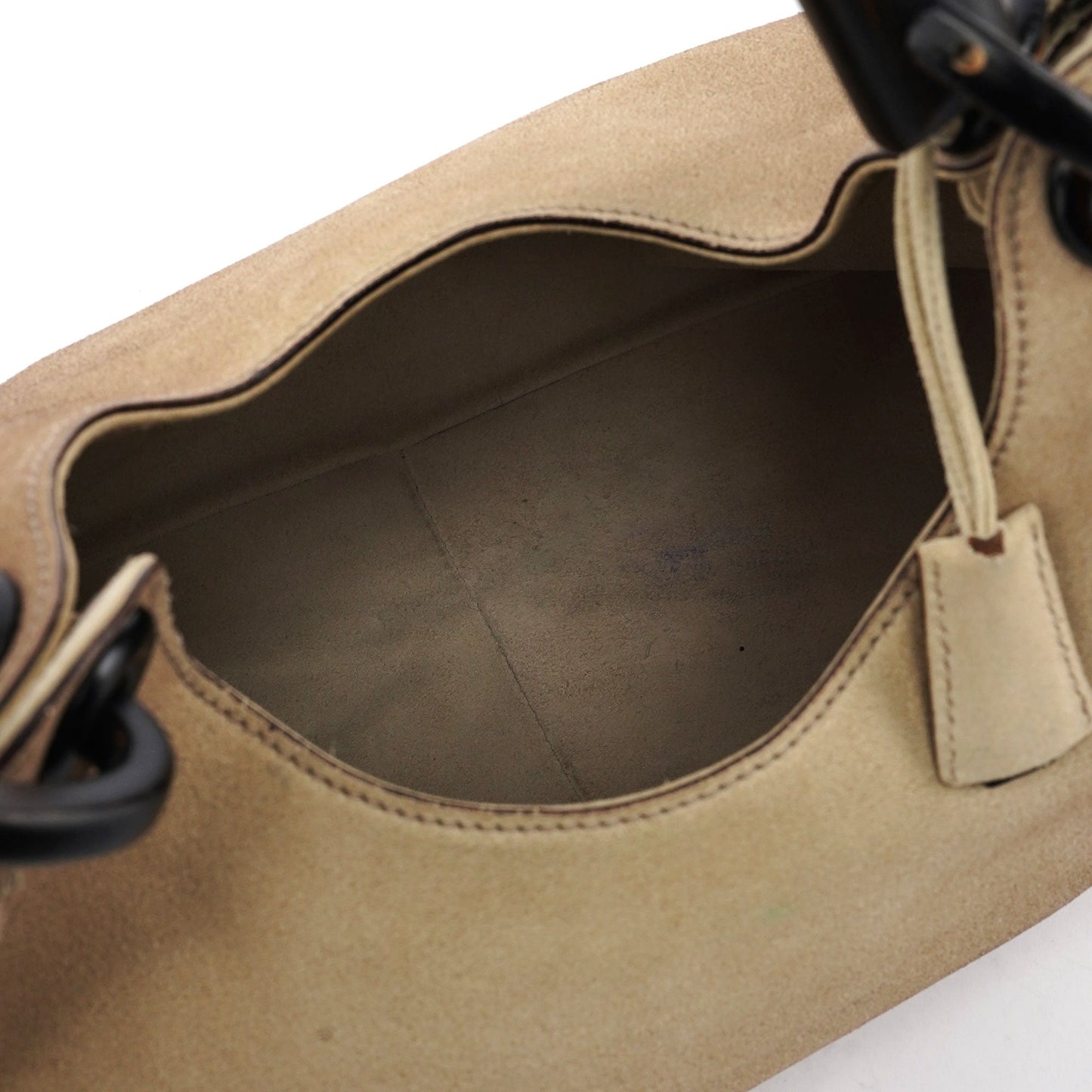 Beige Suede Wood Handle Shoulder Bag