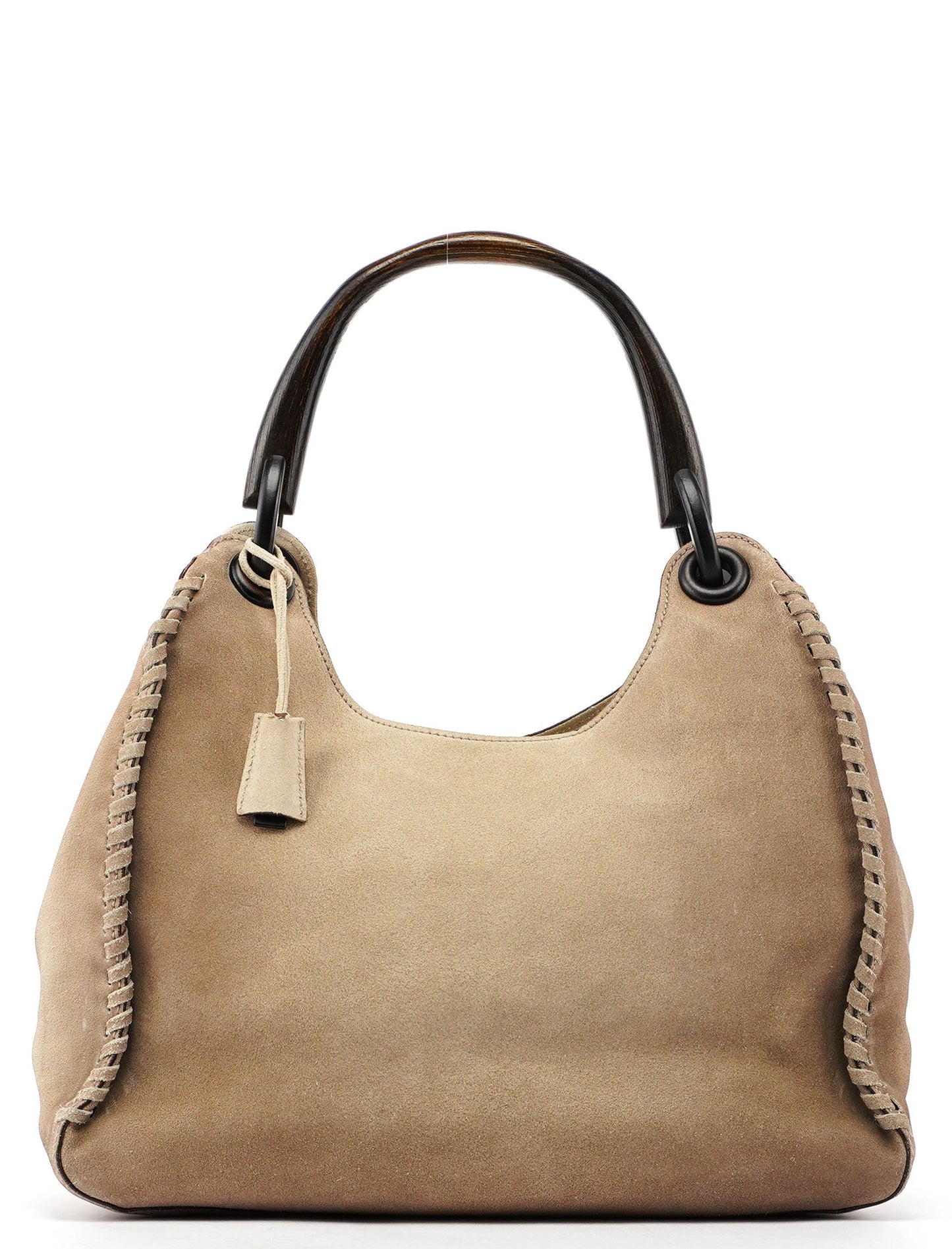 Beige Suede Wood Handle Shoulder Bag