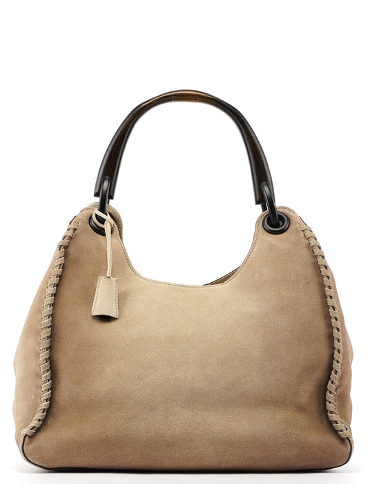 Beige Suede Wood Handle Shoulder Bag