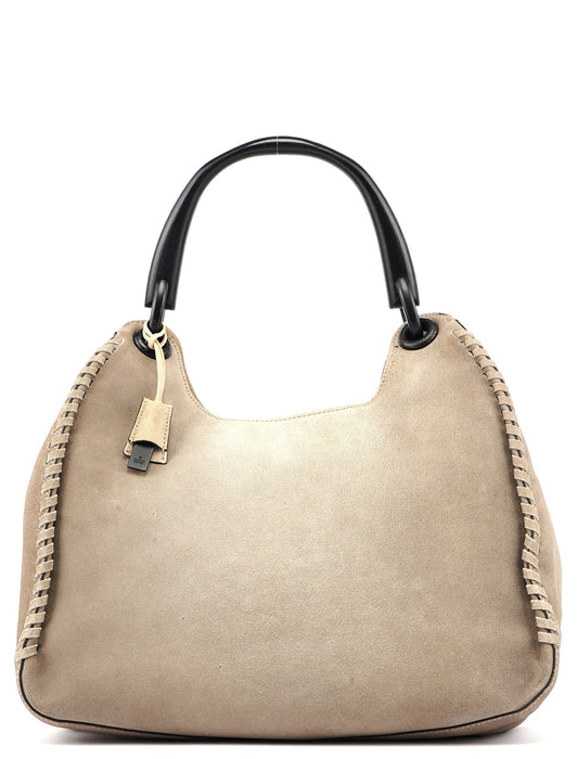 Beige Suede Wood Handle Shoulder Bag