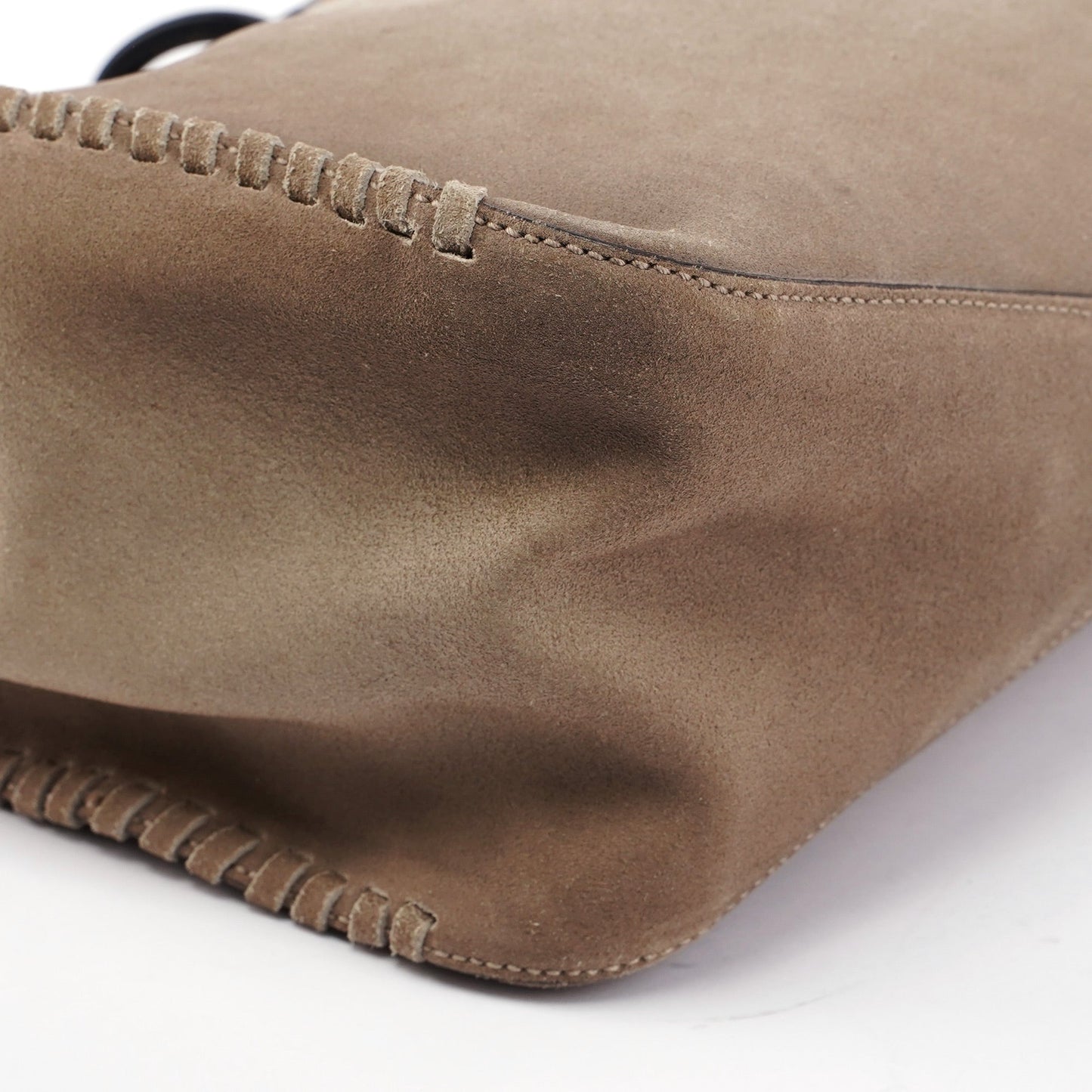 Beige Suede Wood Handle Shoulder Bag