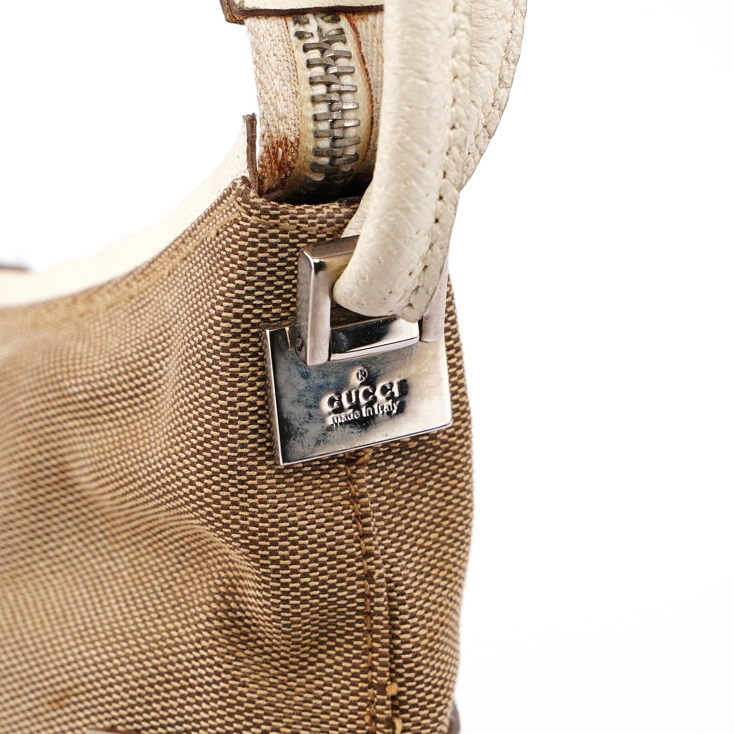 Beige White Canvas Shoulder Bag